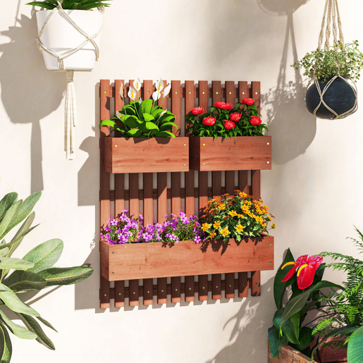 Outsunny Floreira de Parede com Treliça Floreira Vertical de Madeira com 4 Vasos Móveis e Orifício de Drenagem para Jardim Varanda Pátio 60x16x80 cm Castanho