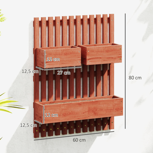 Outsunny Floreira de Parede com Treliça Floreira Vertical de Madeira com 4 Vasos Móveis e Orifício de Drenagem para Jardim Varanda Pátio 60x16x80 cm Castanho