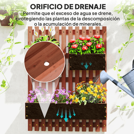 Outsunny Floreira de Parede com Treliça Floreira Vertical de Madeira com 4 Vasos Móveis e Orifício de Drenagem para Jardim Varanda Pátio 60x16x80 cm Castanho