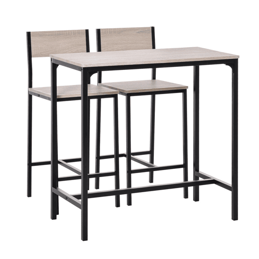 HOMCOM Conjunto de Mesa de Bar com 2 Bancos Conjunto de 3 Peças com 2 Bancos com Encosto e Apoio para Pés Desenho Industrial para Cozinha Sala de Estar Bar Madeira e Preto