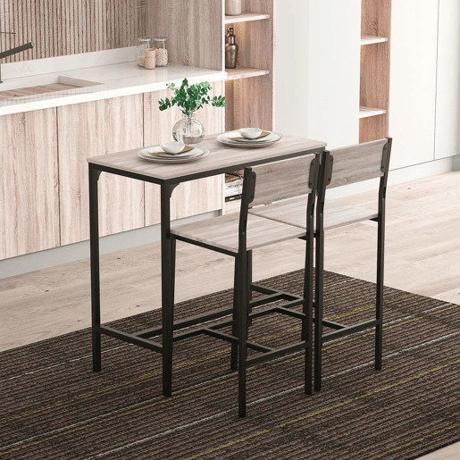 HOMCOM Conjunto de Mesa de Bar com 2 Bancos Conjunto de 3 Peças com 2 Bancos com Encosto e Apoio para Pés Desenho Industrial para Cozinha Sala de Estar Bar Madeira e Preto