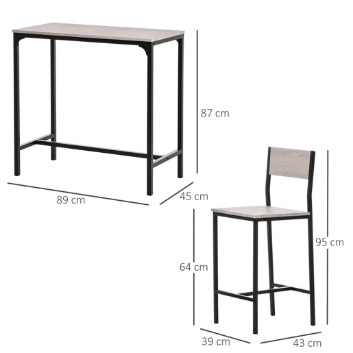 HOMCOM Conjunto de Mesa de Bar com 2 Bancos Conjunto de 3 Peças com 2 Bancos com Encosto e Apoio para Pés Desenho Industrial para Cozinha Sala de Estar Bar Madeira e Preto