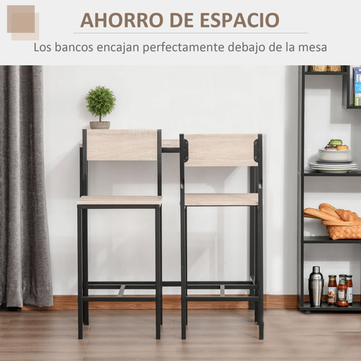 HOMCOM Conjunto de Mesa de Bar com 2 Bancos Conjunto de 3 Peças com 2 Bancos com Encosto e Apoio para Pés Desenho Industrial para Cozinha Sala de Estar Bar Madeira e Preto