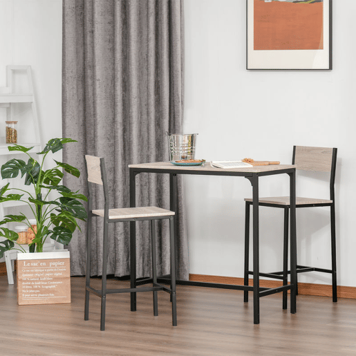 HOMCOM Conjunto de Mesa de Bar com 2 Bancos Conjunto de 3 Peças com 2 Bancos com Encosto e Apoio para Pés Desenho Industrial para Cozinha Sala de Estar Bar Madeira e Preto