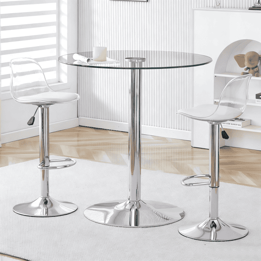 Conjunto Bar 89 cm - Mesa de vidro + 2 bancos ajustáveis e giratórios - Prateado, Transparente