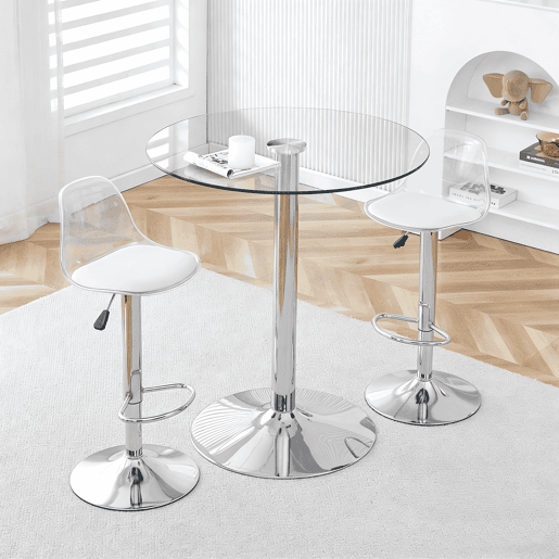 Conjunto Bar 89 cm - Mesa de vidro + 2 bancos ajustáveis e giratórios - Prateado, Transparente