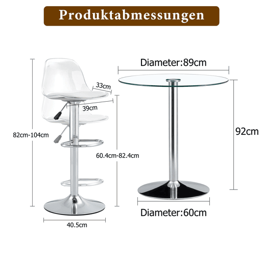 Conjunto Bar 89 cm - Mesa de vidro + 2 bancos ajustáveis e giratórios - Prateado, Transparente
