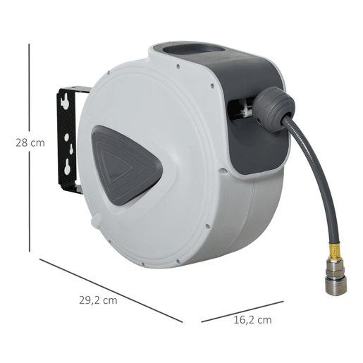 DURHAND Enrolador de Mangueira de Ar Comprimido Automático de 10 m Conector de 14'' BSP com Suporte Giratório de Parede 180° Diâmetro Interno 8x12 mm Cinzento DURHAND Enrolador de Mangueira de Ar Comprimido Automático de 10 m Conector de 14'' BSP com Suporte Giratório de Parede 180° Diâmetro Interno 8x12 mm Cinzento
