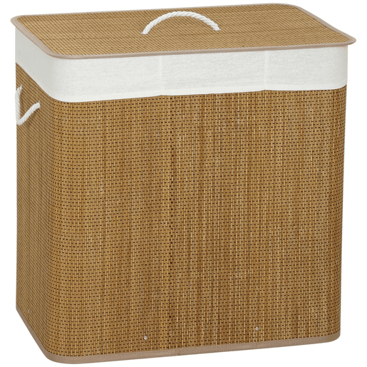 HOMCOM Cesto de Roupa Suja com Tampa 144L Cesto de Roupa Suja de Bambu com 3 Compartimentos Bolsa Interior Removível e Lavável Pegas para Lavandaria Quarto 60x40x60 cm Castanho