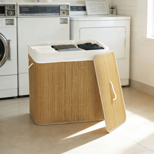HOMCOM Cesto de Roupa Suja com Tampa 144L Cesto de Roupa Suja de Bambu com 3 Compartimentos Bolsa Interior Removível e Lavável Pegas para Lavandaria Quarto 60x40x60 cm Castanho