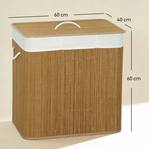 HOMCOM Cesto de Roupa Suja com Tampa 144L Cesto de Roupa Suja de Bambu com 3 Compartimentos Bolsa Interior Removível e Lavável Pegas para Lavandaria Quarto 60x40x60 cm Castanho
