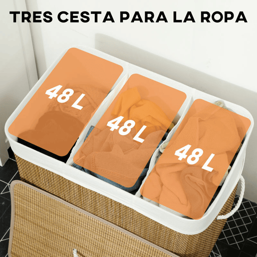 HOMCOM Cesto de Roupa Suja com Tampa 144L Cesto de Roupa Suja de Bambu com 3 Compartimentos Bolsa Interior Removível e Lavável Pegas para Lavandaria Quarto 60x40x60 cm Castanho