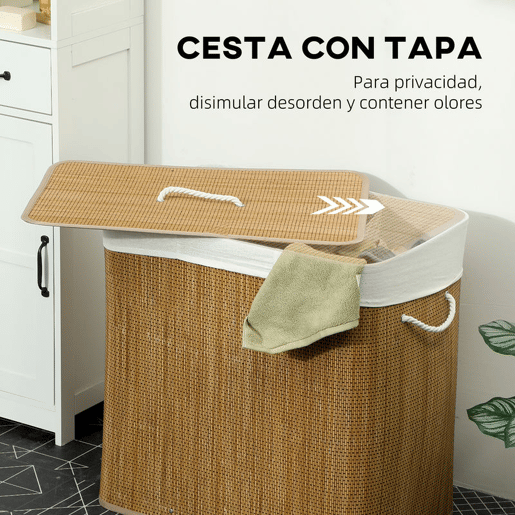 HOMCOM Cesto de Roupa Suja com Tampa 144L Cesto de Roupa Suja de Bambu com 3 Compartimentos Bolsa Interior Removível e Lavável Pegas para Lavandaria Quarto 60x40x60 cm Castanho