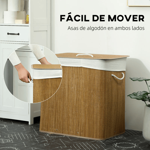 HOMCOM Cesto de Roupa Suja com Tampa 144L Cesto de Roupa Suja de Bambu com 3 Compartimentos Bolsa Interior Removível e Lavável Pegas para Lavandaria Quarto 60x40x60 cm Castanho