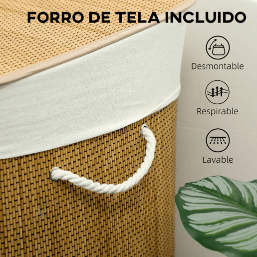 HOMCOM Cesto de Roupa Suja com Tampa 144L Cesto de Roupa Suja de Bambu com 3 Compartimentos Bolsa Interior Removível e Lavável Pegas para Lavandaria Quarto 60x40x60 cm Castanho