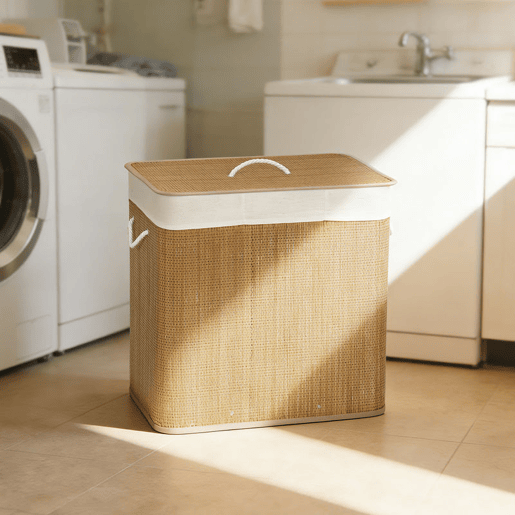 HOMCOM Cesto de Roupa Suja com Tampa 144L Cesto de Roupa Suja de Bambu com 3 Compartimentos Bolsa Interior Removível e Lavável Pegas para Lavandaria Quarto 60x40x60 cm Castanho