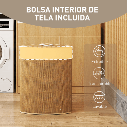 HOMCOM Cesto para Roupa Suja de Bambu de 55L com Tampa e Asa Cesto de Roupa Suja com Saco Extraível e Lavável para Casa de Banho Quarto, 35x35x60 cm Castanho