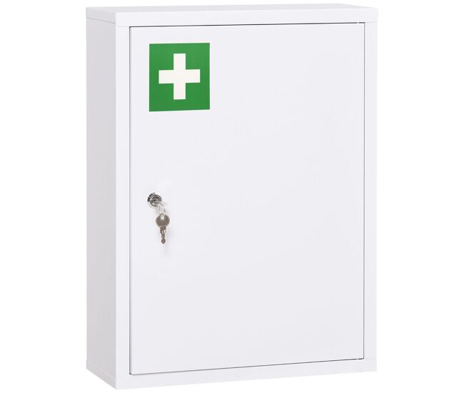 Kleankin botiquín de pared de acero de primeros auxilios botiquín para medicinas de 3 niveles armario de baño con cerradura y 2 llaves para cocina 40x15x53,5 cm blanco