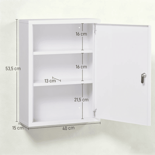 kleankin Armário de Parede de Aço para Medicamentos de 3 Níveis com Fecho e 2 Chaves para Casa de Banho e Cozinha 40x15x53,5 cm Branco