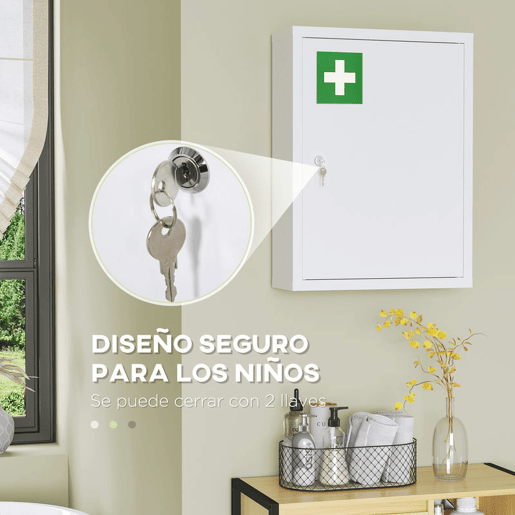 kleankin Armário de Parede de Aço para Medicamentos de 3 Níveis com Fecho e 2 Chaves para Casa de Banho e Cozinha 40x15x53,5 cm Branco