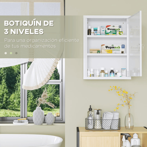 kleankin Armário de Parede de Aço para Medicamentos de 3 Níveis com Fecho e 2 Chaves para Casa de Banho e Cozinha 40x15x53,5 cm Branco
