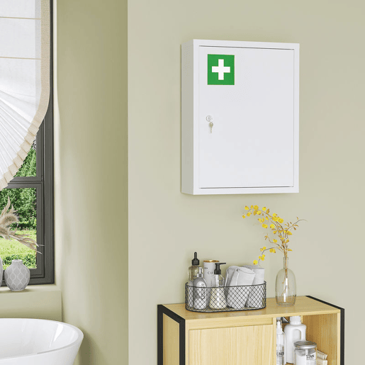 kleankin Armário de Parede de Aço para Medicamentos de 3 Níveis com Fecho e 2 Chaves para Casa de Banho e Cozinha 40x15x53,5 cm Branco