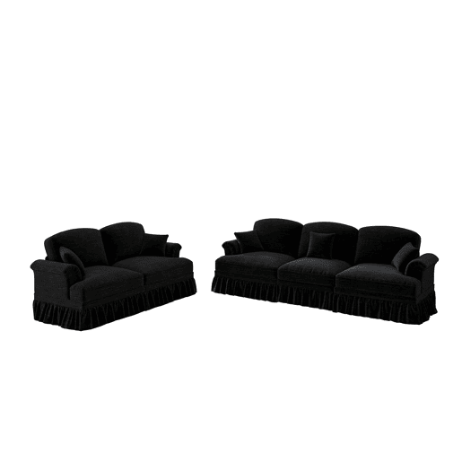 Sofá modular de 2 peças - 5 lugares, chenille, braços cónicos, saia removível, pernas torneadas - Preto