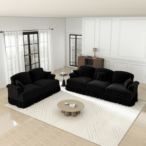 Sofá modular de 2 peças - 5 lugares, chenille, braços cónicos, saia removível, pernas torneadas - Preto