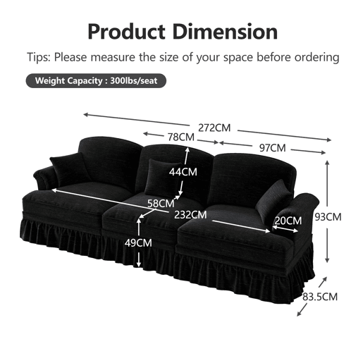 Sofá modular de 2 peças - 5 lugares, chenille, braços cónicos, saia removível, pernas torneadas - Preto
