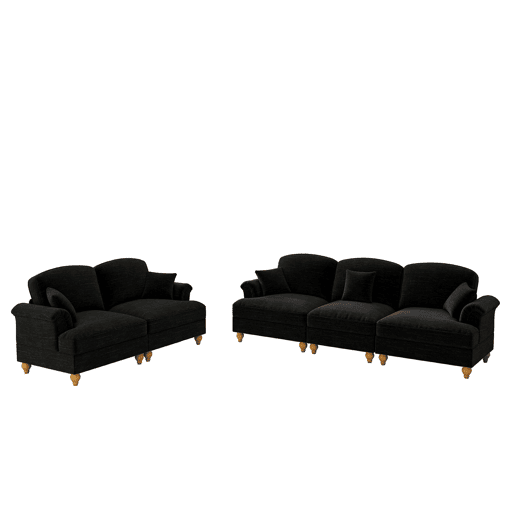 Sofá modular de 2 peças - 5 lugares, chenille, braços cónicos, saia removível, pernas torneadas - Preto
