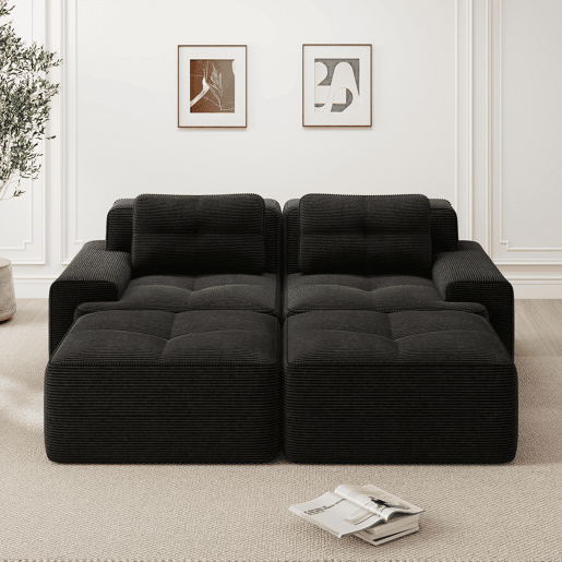 Sofá modular de 2 lugares - em forma de U, confortável, veludo cotelê, com otomano - Preto