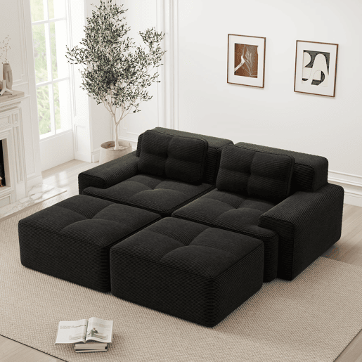 Sofá modular de 2 lugares - em forma de U, confortável, veludo cotelê, com otomano - Preto