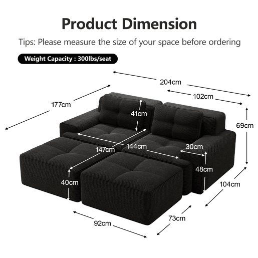 Sofá modular de 2 lugares - em forma de U, confortável, veludo cotelê, com otomano - Preto