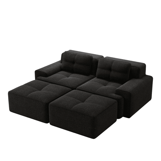 Sofá modular de 2 lugares - em forma de U, confortável, veludo cotelê, com otomano - Preto