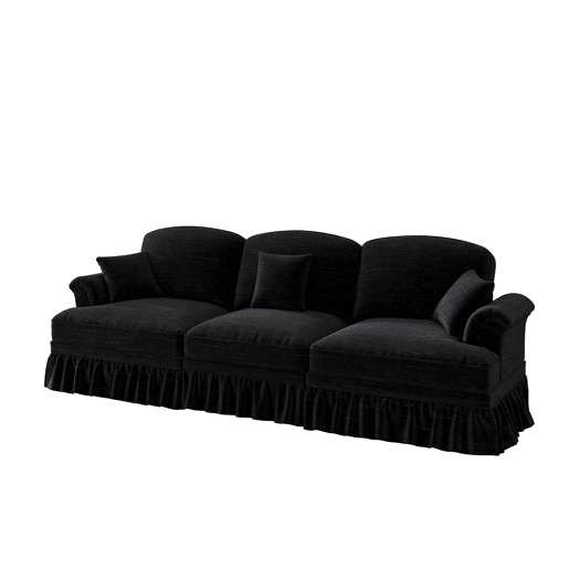 Sofá de 3 lugares - Estilo Mid-Century, chenille, braços cónicos, saia removível, pernas torneadas - Preto