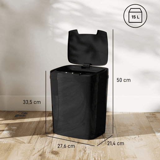 HOMCOM Balde de Lixo Automático 15L Papeleira de Cozinha com Sensor Infravermelhos e Modo Manual Anel de Retenção Antimarcas, para Escritório Casa 27,6x21,4x33,5 cm Preto