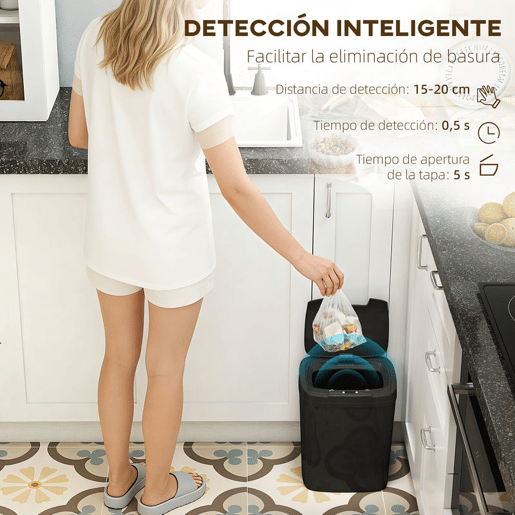 HOMCOM Balde de Lixo Automático 15L Papeleira de Cozinha com Sensor Infravermelhos e Modo Manual Anel de Retenção Antimarcas, para Escritório Casa 27,6x21,4x33,5 cm Preto