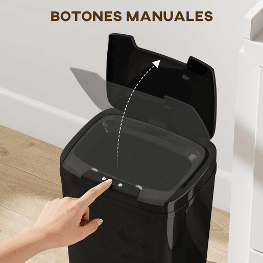 HOMCOM Balde de Lixo Automático 15L Papeleira de Cozinha com Sensor Infravermelhos e Modo Manual Anel de Retenção Antimarcas, para Escritório Casa 27,6x21,4x33,5 cm Preto