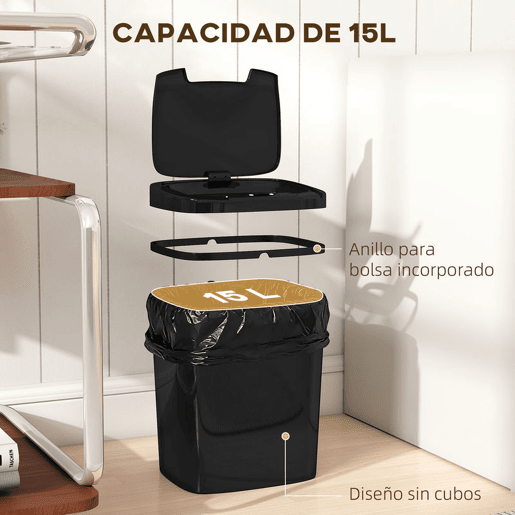 HOMCOM Balde de Lixo Automático 15L Papeleira de Cozinha com Sensor Infravermelhos e Modo Manual Anel de Retenção Antimarcas, para Escritório Casa 27,6x21,4x33,5 cm Preto
