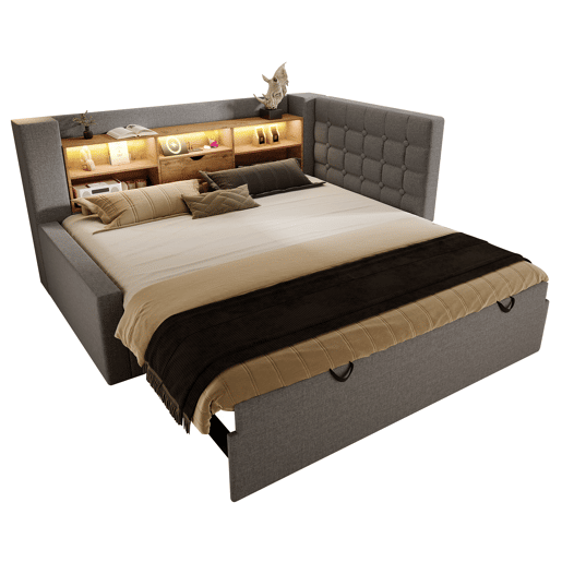 Cama gavetão de linho 90x200 cm com luz led,cinza