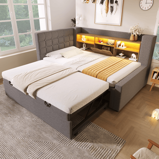 Cama gavetão de linho 90x200 cm com luz led,cinza