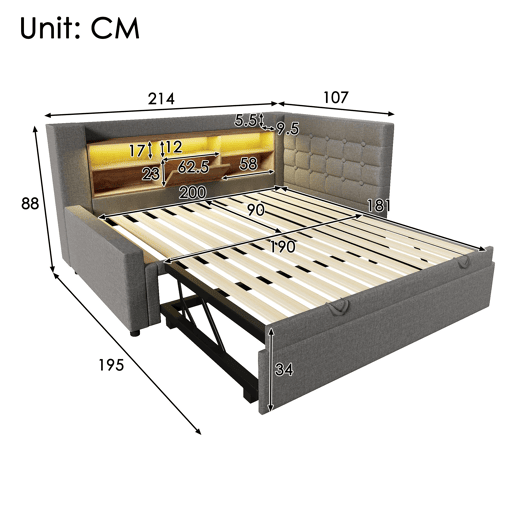 Cama gavetão de linho 90x200 cm com luz led,cinza