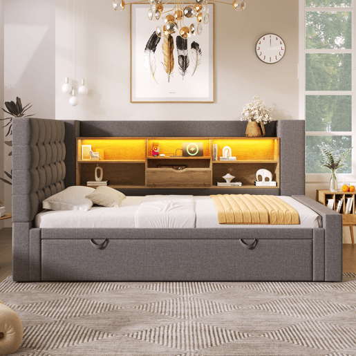 Cama gavetão de linho 90x200 cm com luz led,cinza