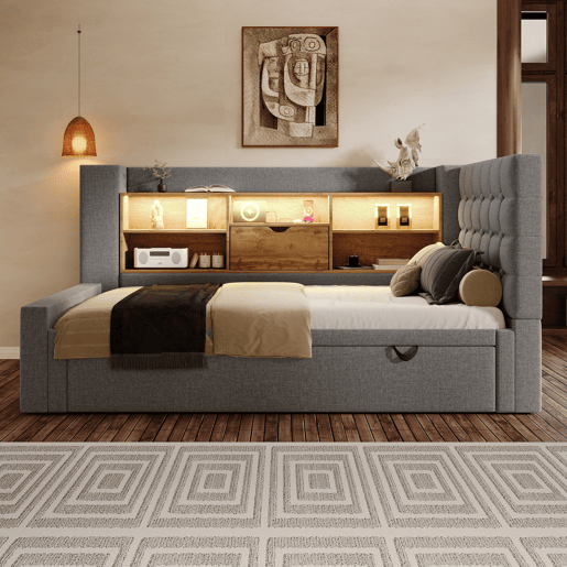 Cama gavetão de linho 90x200 cm com luz led,cinza
