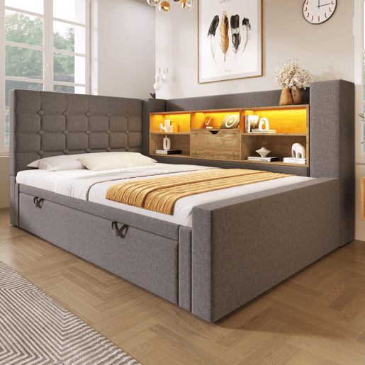 Cama gavetão de linho 90x200 cm com luz led,cinza