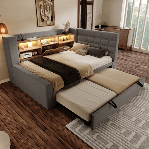 Cama gavetão de linho 90x200 cm com luz led,cinza