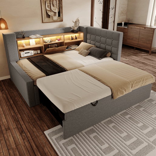 Cama gavetão de linho 90x200 cm com luz led,cinza