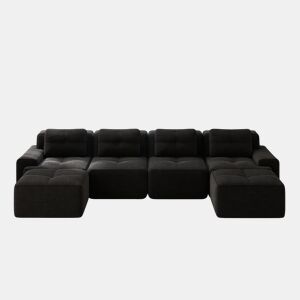 Sofá modular de 4 lugares - chaise longue em U cloud de veludo cotelê - preto