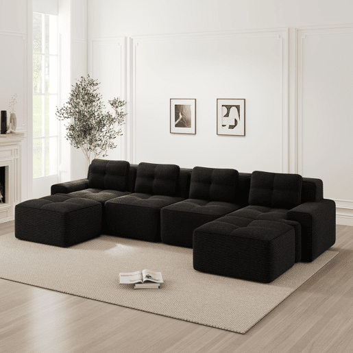Sofá modular de 4 lugares - chaise longue em U cloud de veludo cotelê - preto