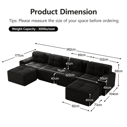 Sofá modular de 4 lugares - chaise longue em U cloud de veludo cotelê - preto